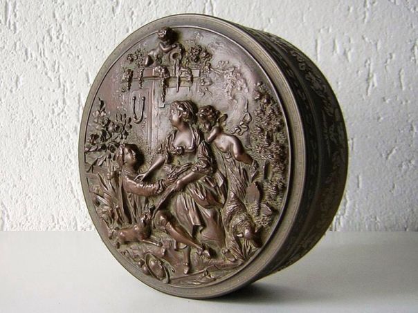 Guilloché turned brass box and cover with pastoral scene (7258)